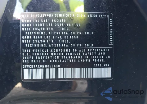 2022 Volkswagen Tiguan 2.0T Se R-Line Black from USA, damaged, VIN 3VVCB7AX0NM058630